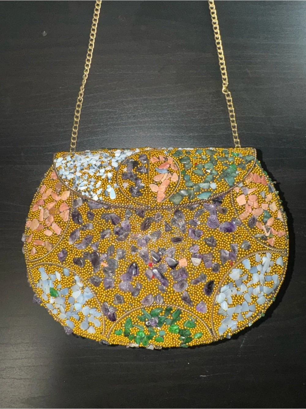 Beaded Floral Mosaic Clutch in Gold and Multicolor
